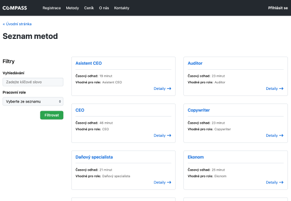 Snímek zachycující výběr metody podle pracovní role
